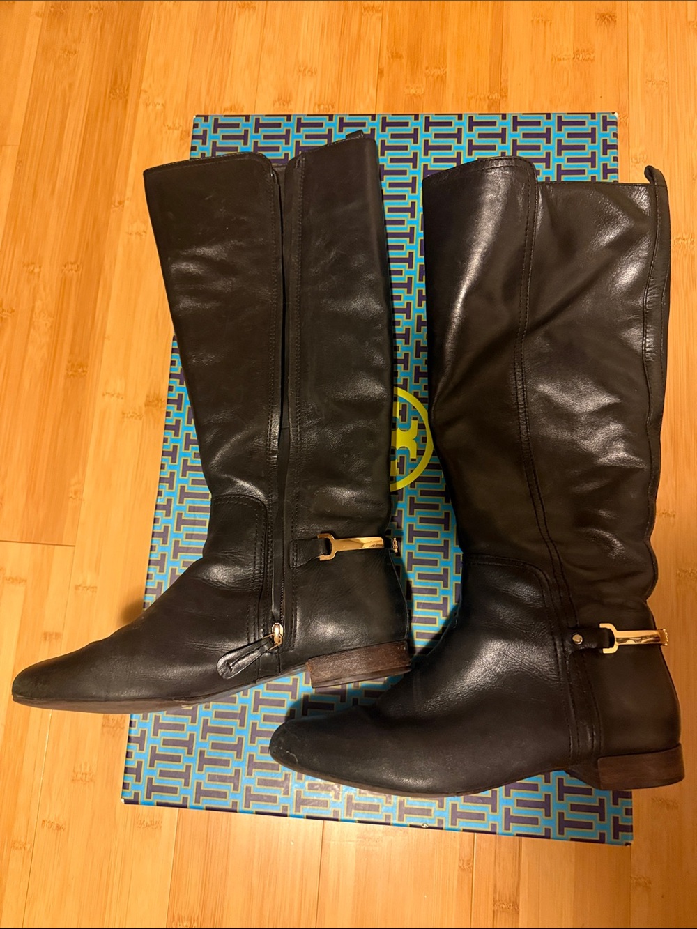 Tory Burch Black Leather Mid-Calf Riding Boots with Gold Bit